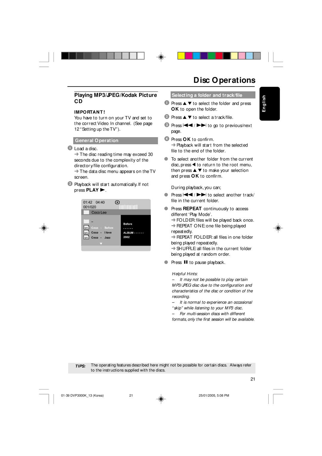 Philips SL-0504/13-1, DVP3000K/13 Playing MP3/JPEG/Kodak Picture, General Operation, Selecting a folder and track/file 