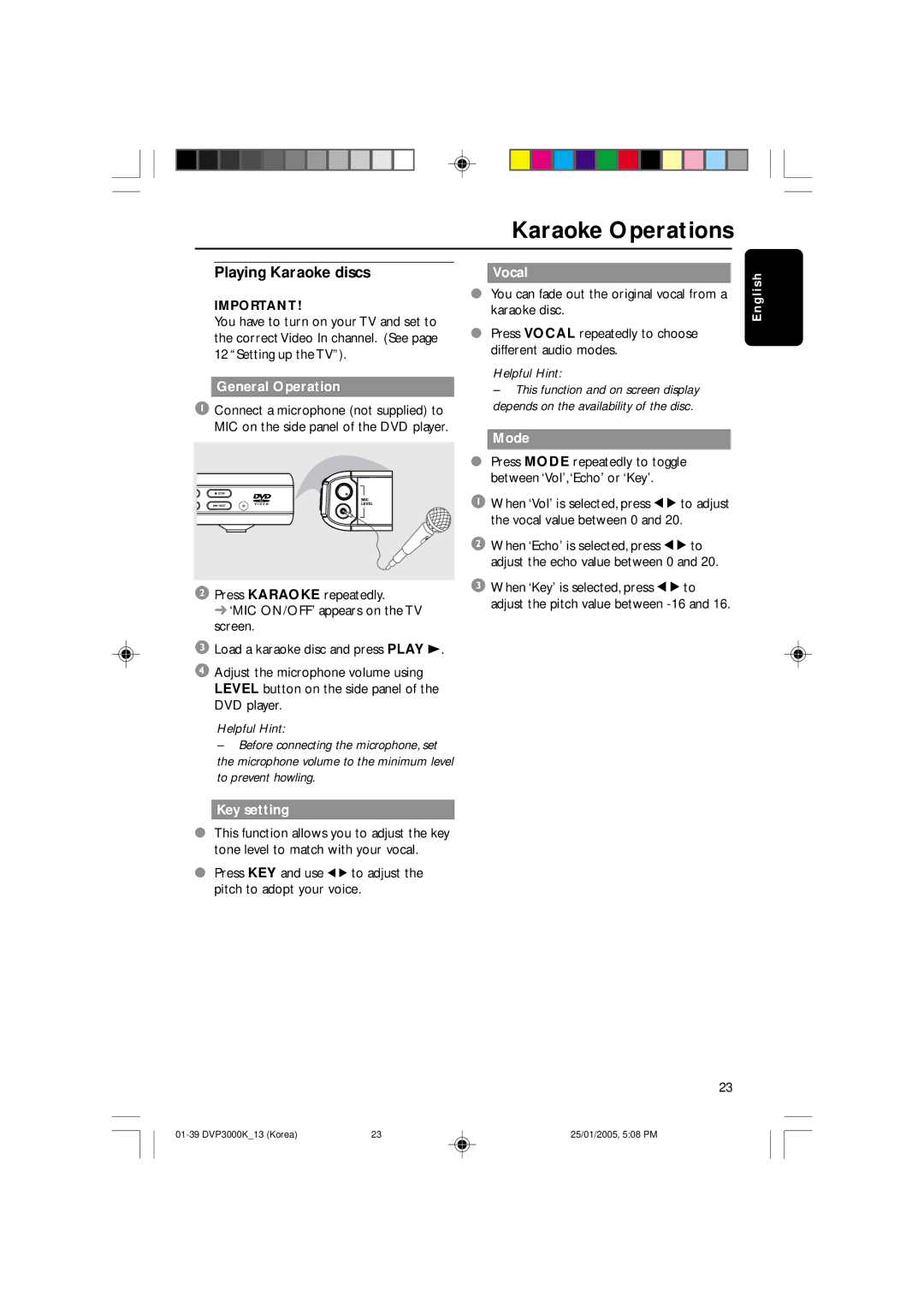 Philips SL-0504/13-1, DVP3000K/13 user manual Karaoke Operations, Playing Karaoke discs, Vocal, Mode, Key setting 