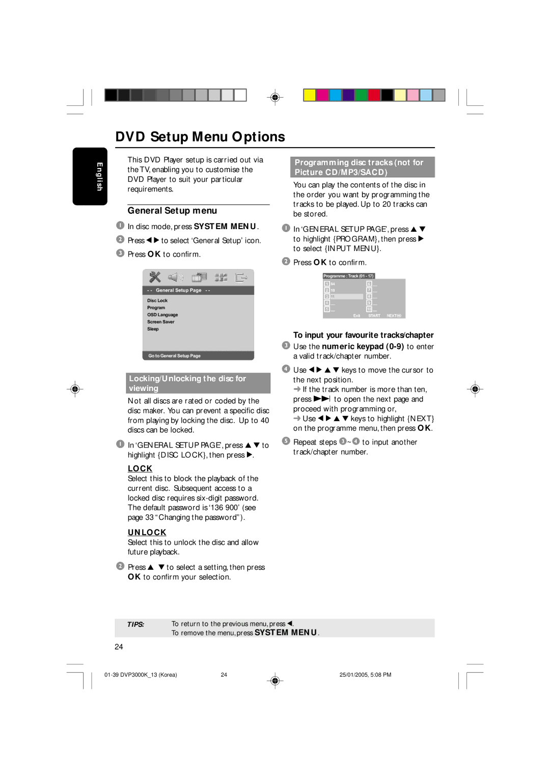 Philips DVP3000K/13, SL-0504/13-1 user manual DVD Setup Menu Options, General Setup menu, Lock, Unlock 