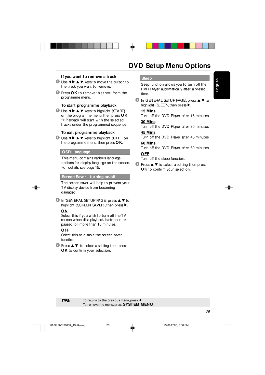 Philips SL-0504/13-1, DVP3000K/13 user manual Sleep, Mins, Off 