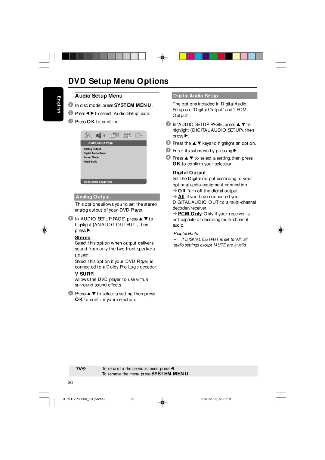 Philips DVP3000K/13, SL-0504/13-1 user manual Digital Audio Setup, Digital Output 