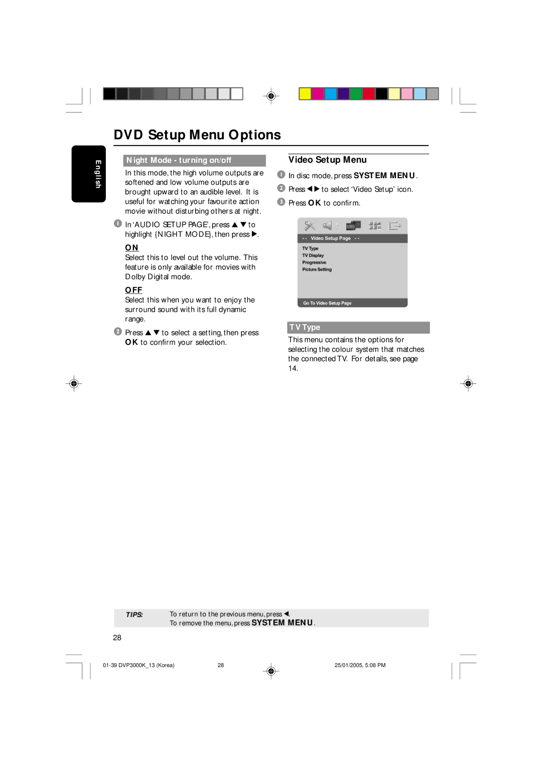 Philips DVP3000K/13, SL-0504/13-1 user manual Video Setup Menu, Night Mode turning on/off, TV Type 