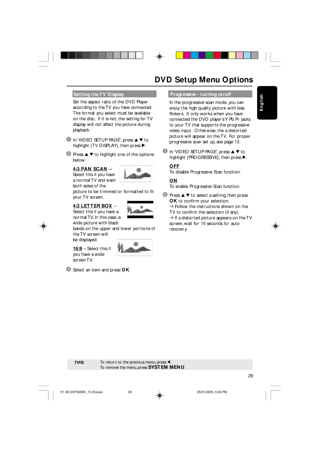 Philips SL-0504/13-1, DVP3000K/13 user manual Setting the TV Display Progressive turning on/off 