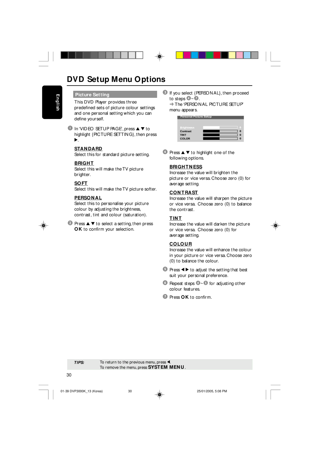 Philips DVP3000K/13, SL-0504/13-1 user manual Standard, Soft, Personal, Brightness, Contrast, Tint, Colour 