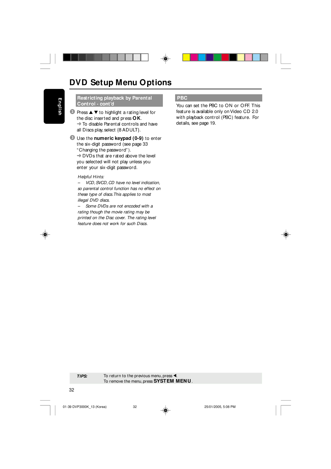 Philips DVP3000K/13, SL-0504/13-1 user manual Restricting playback by Parental Control cont’d, Pbc 