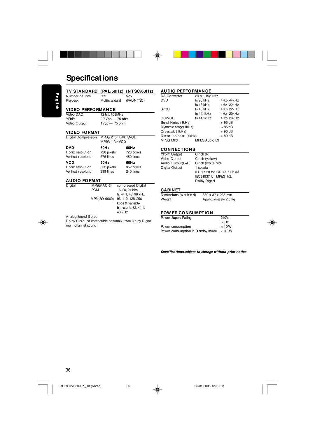 Philips DVP3000K/13, SL-0504/13-1 user manual Specifications, Video Format 