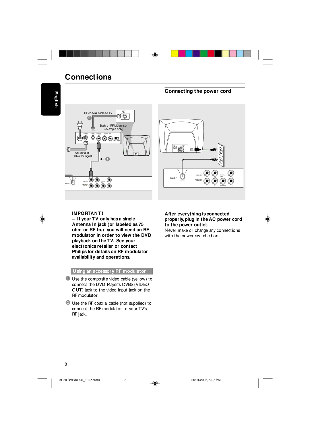 Philips DVP3000K/13, SL-0504/13-1 user manual Connections, Connecting the power cord, Using an accessory RF modulator 