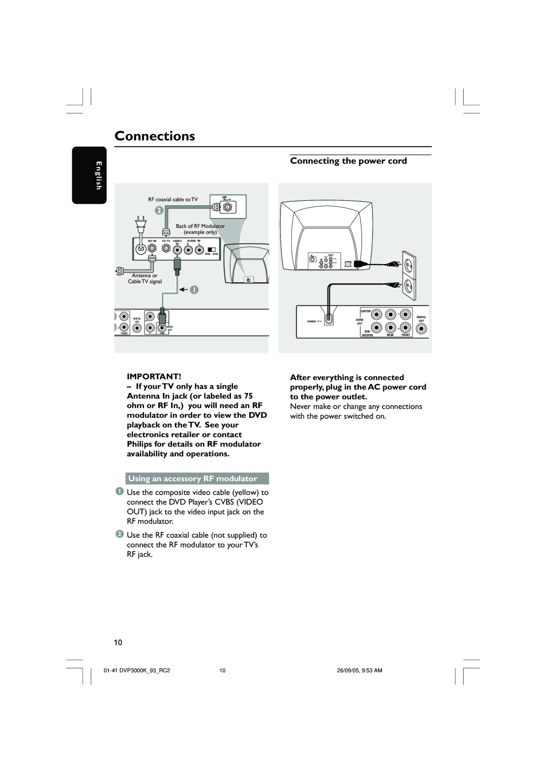 Philips DVP3000K/93 user manual Connecting the power cord, Using an accessory RF modulator 