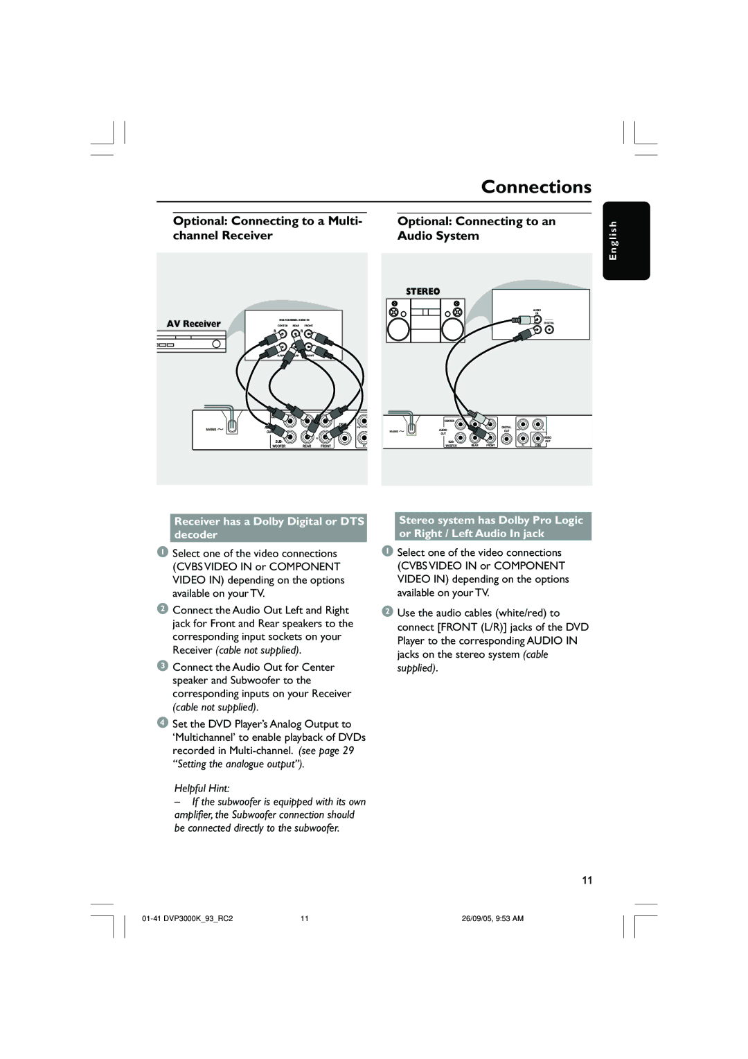 Philips DVP3000K/93 user manual Optional Connecting to a Multi- channel Receiver, Optional Connecting to an Audio System 