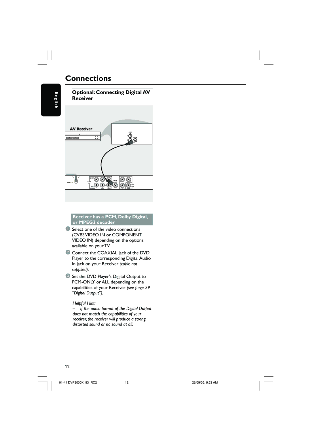 Philips DVP3000K/93 user manual Optional Connecting Digital AV, Receiver has a PCM, Dolby Digital, or MPEG2 decoder 