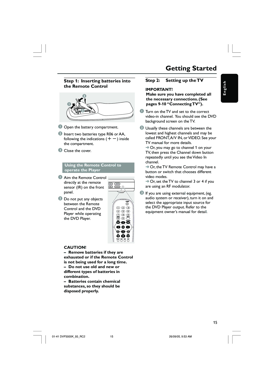 Philips DVP3000K/93 user manual Getting Started, Inserting batteries into the Remote Control, Setting up the TV 