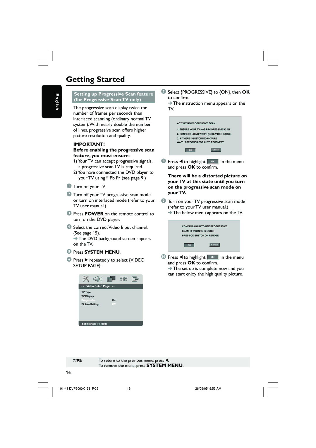 Philips DVP3000K/93 user manual Press System Menu, Press 2 repeatedly to select Video Setup, Below menu appears on the TV 