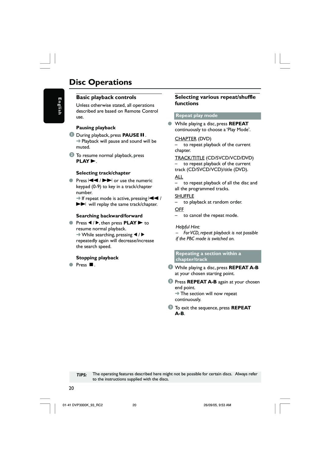 Philips DVP3000K/93 Basic playback controls, Selecting various repeat/shuffle functions, Play B, Repeat play mode 