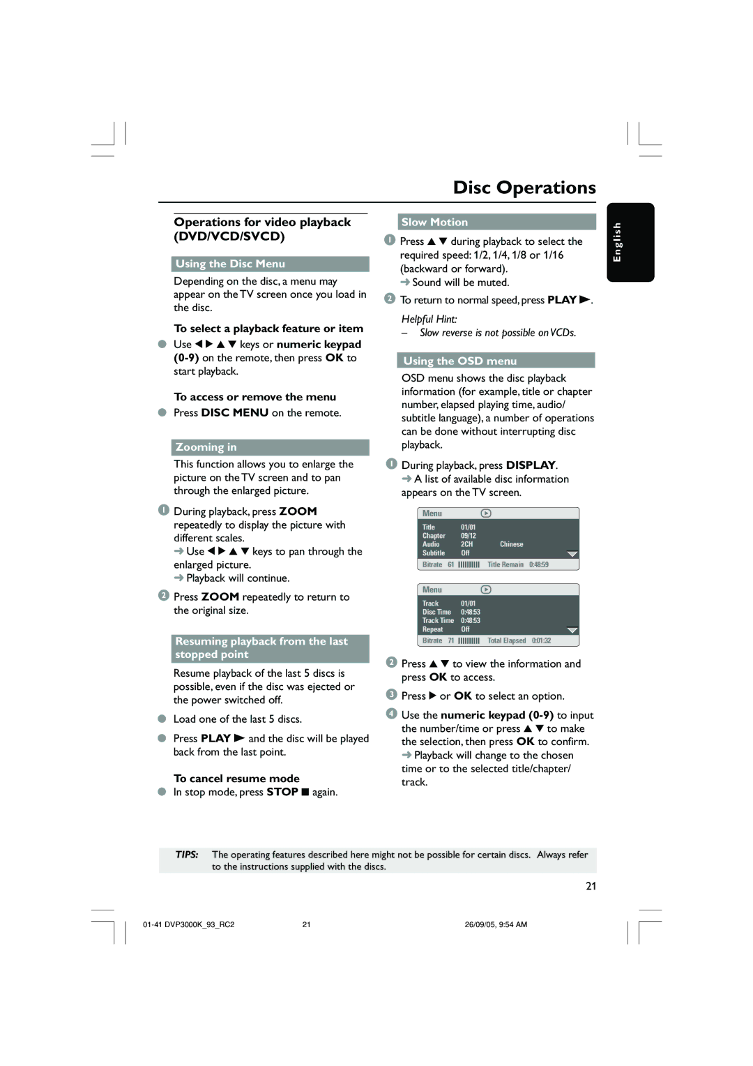 Philips DVP3000K/93 user manual Operations for video playback DVD/VCD/SVCD 