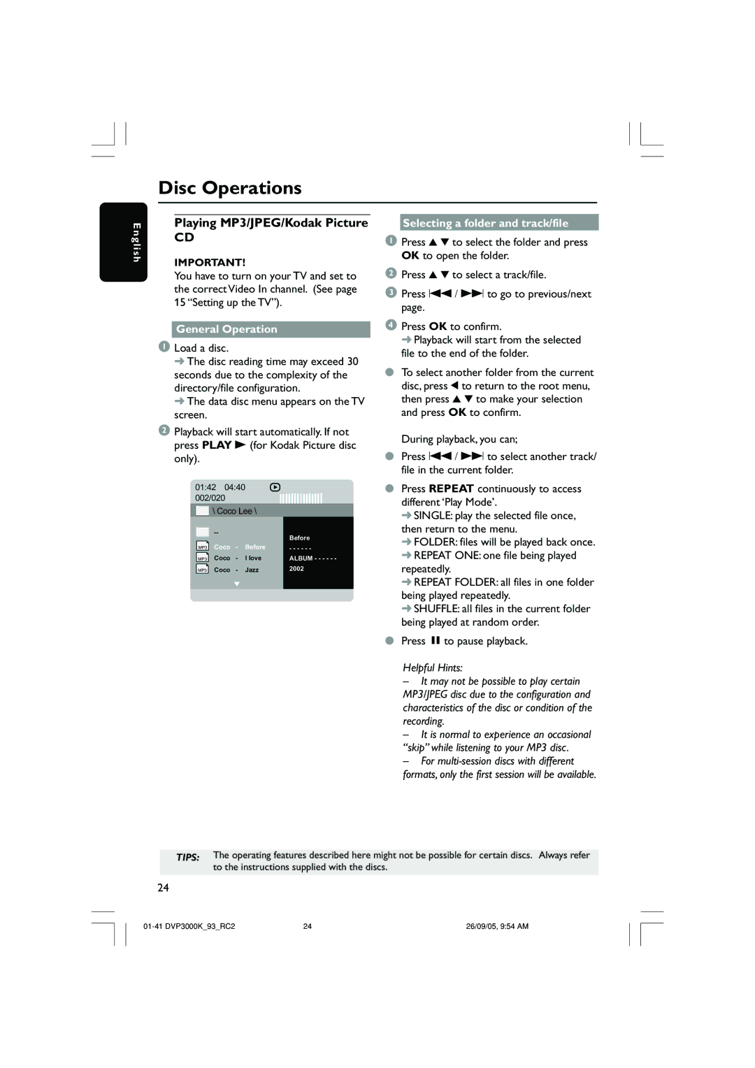 Philips DVP3000K/93 user manual Playing MP3/JPEG/Kodak Picture, General Operation, Selecting a folder and track/file 