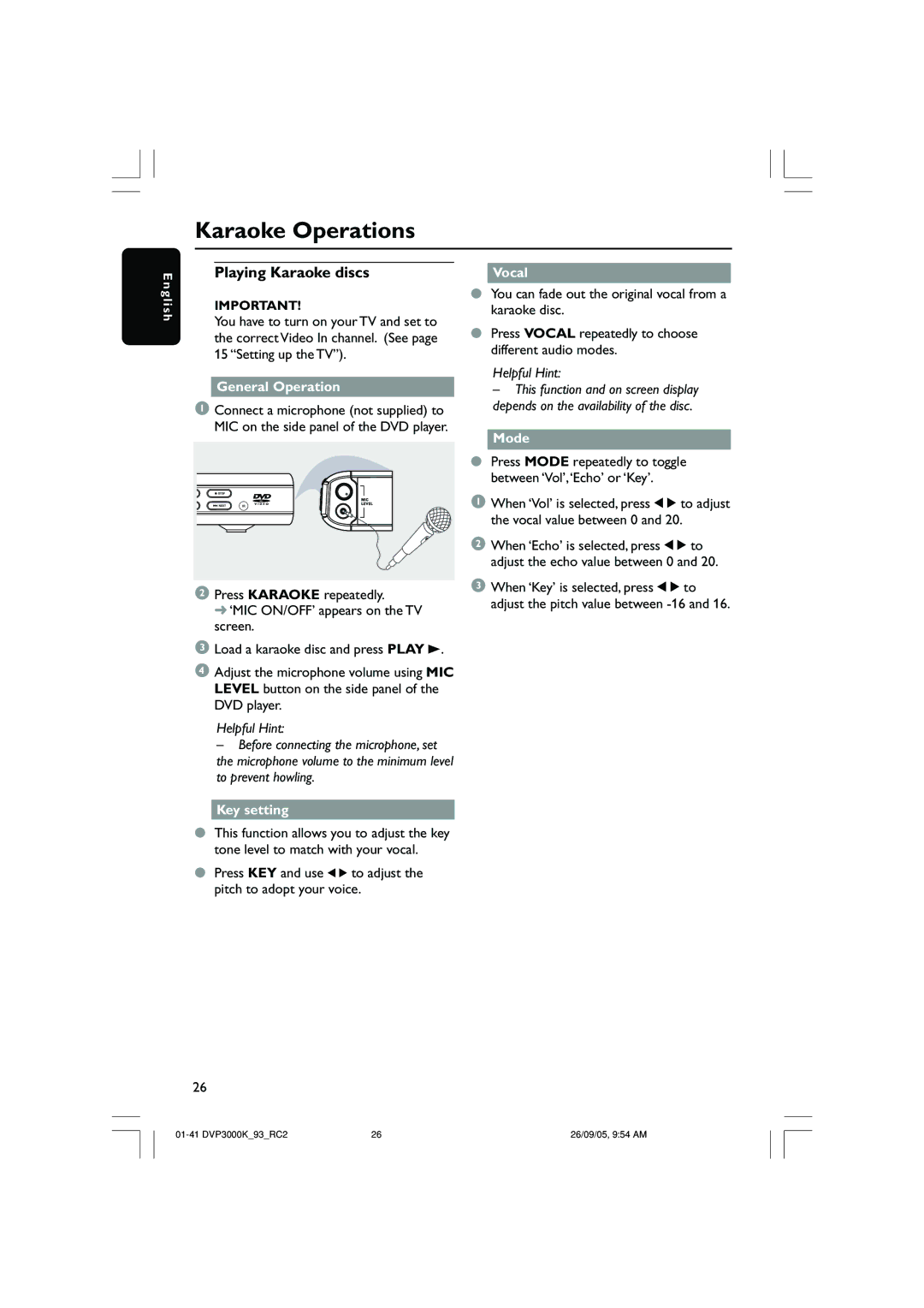 Philips DVP3000K/93 user manual Karaoke Operations, Playing Karaoke discs, Vocal, Mode, Key setting 