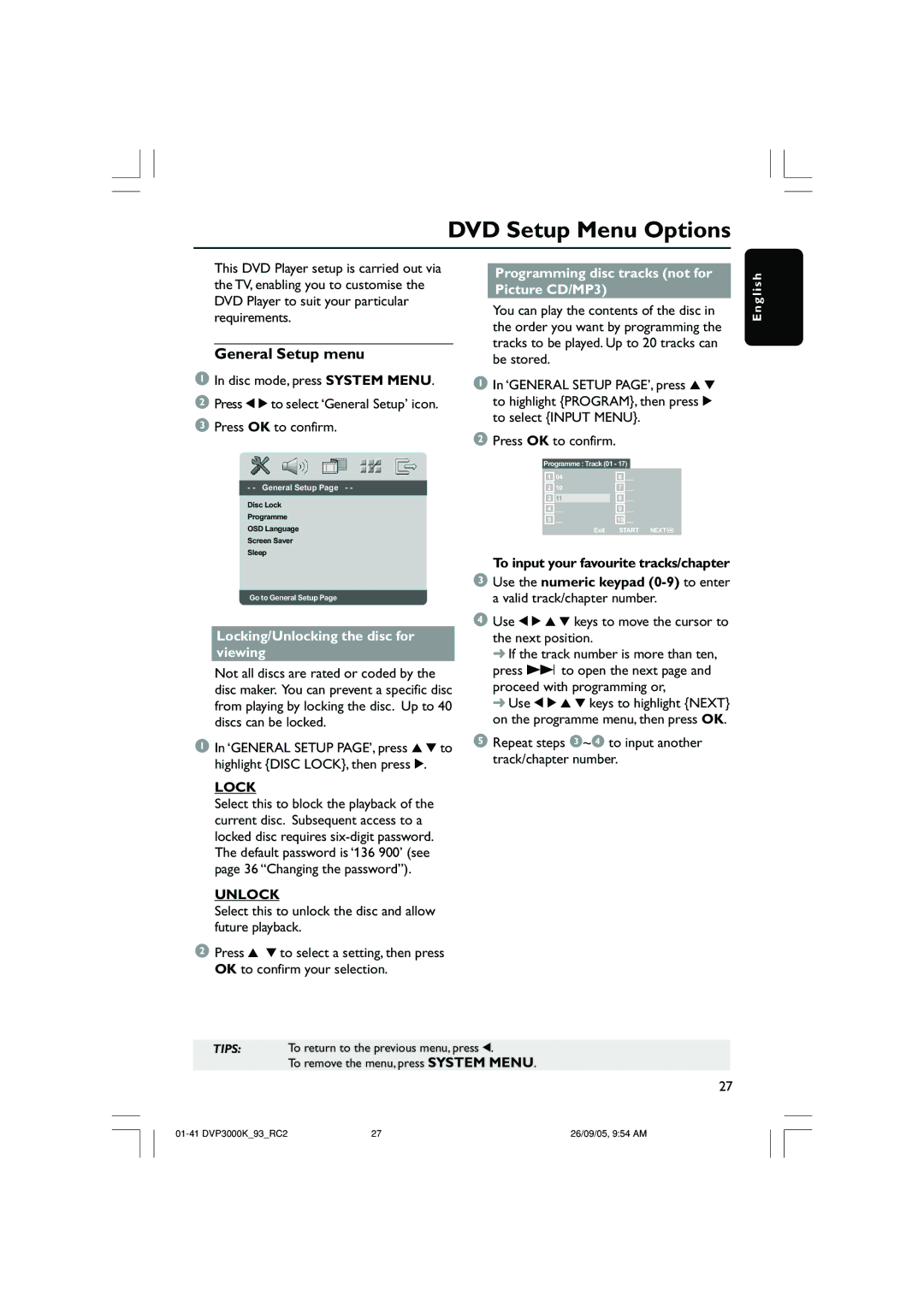 Philips DVP3000K/93 user manual DVD Setup Menu Options, General Setup menu, Lock, Unlock 