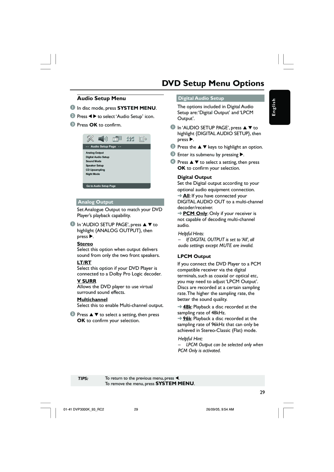 Philips DVP3000K/93 user manual Audio Setup Menu, Analog Output, Lt/Rt, Surr, Digital Audio Setup 