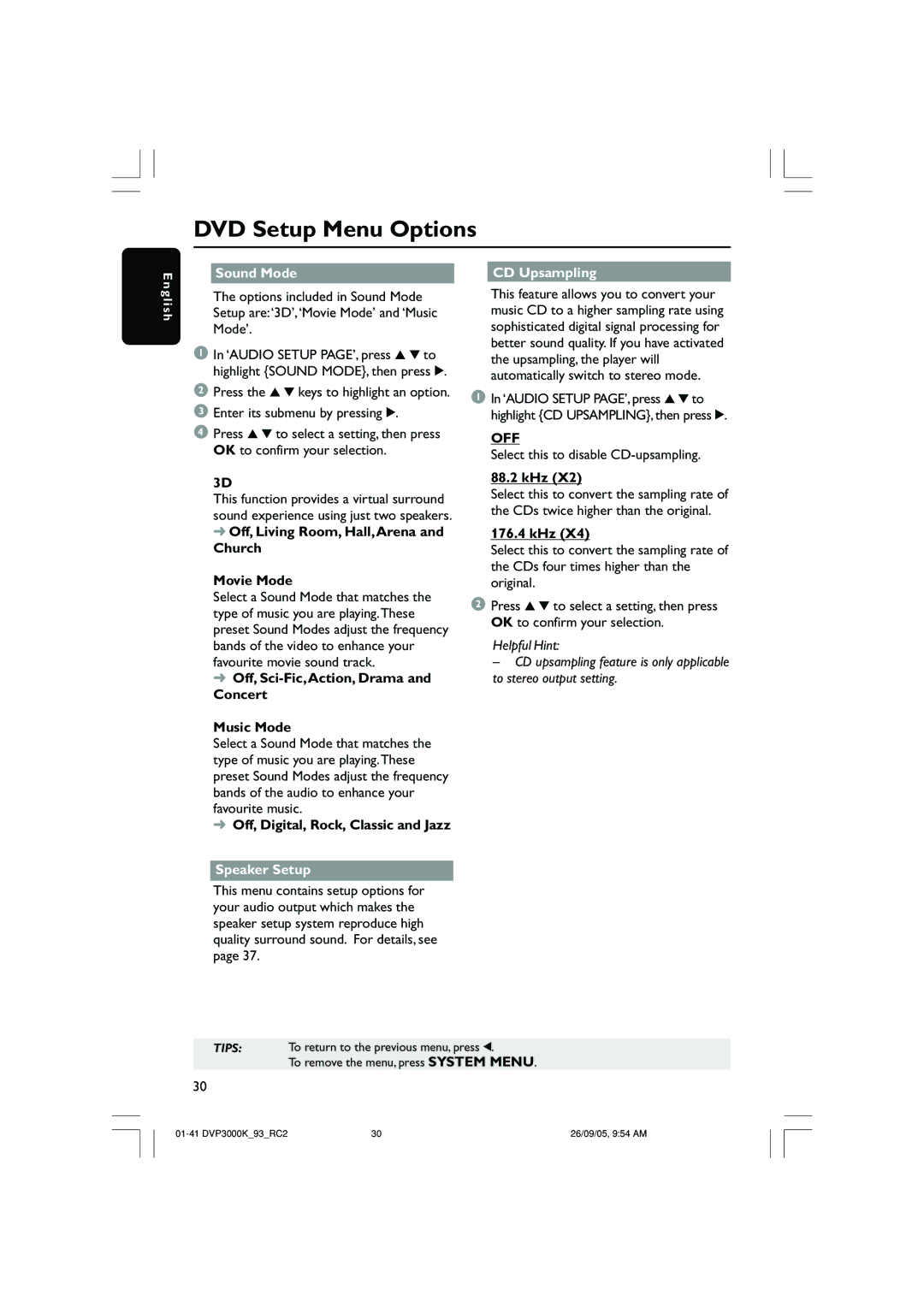 Philips DVP3000K/93 user manual Sound Mode CD Upsampling, Speaker Setup 