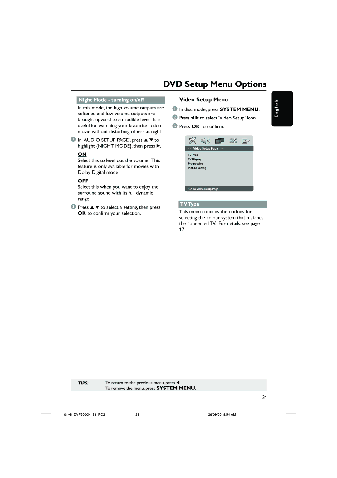 Philips DVP3000K/93 user manual Video Setup Menu, Night Mode turning on/off, TV Type 