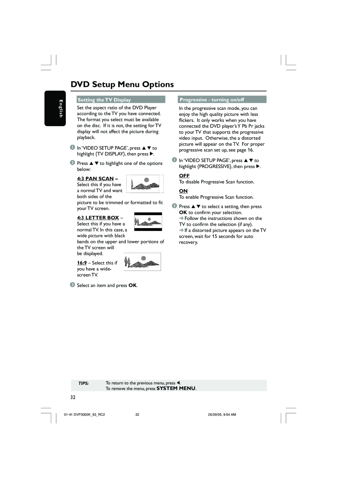 Philips DVP3000K/93 user manual Setting the TV Display Progressive turning on/off 