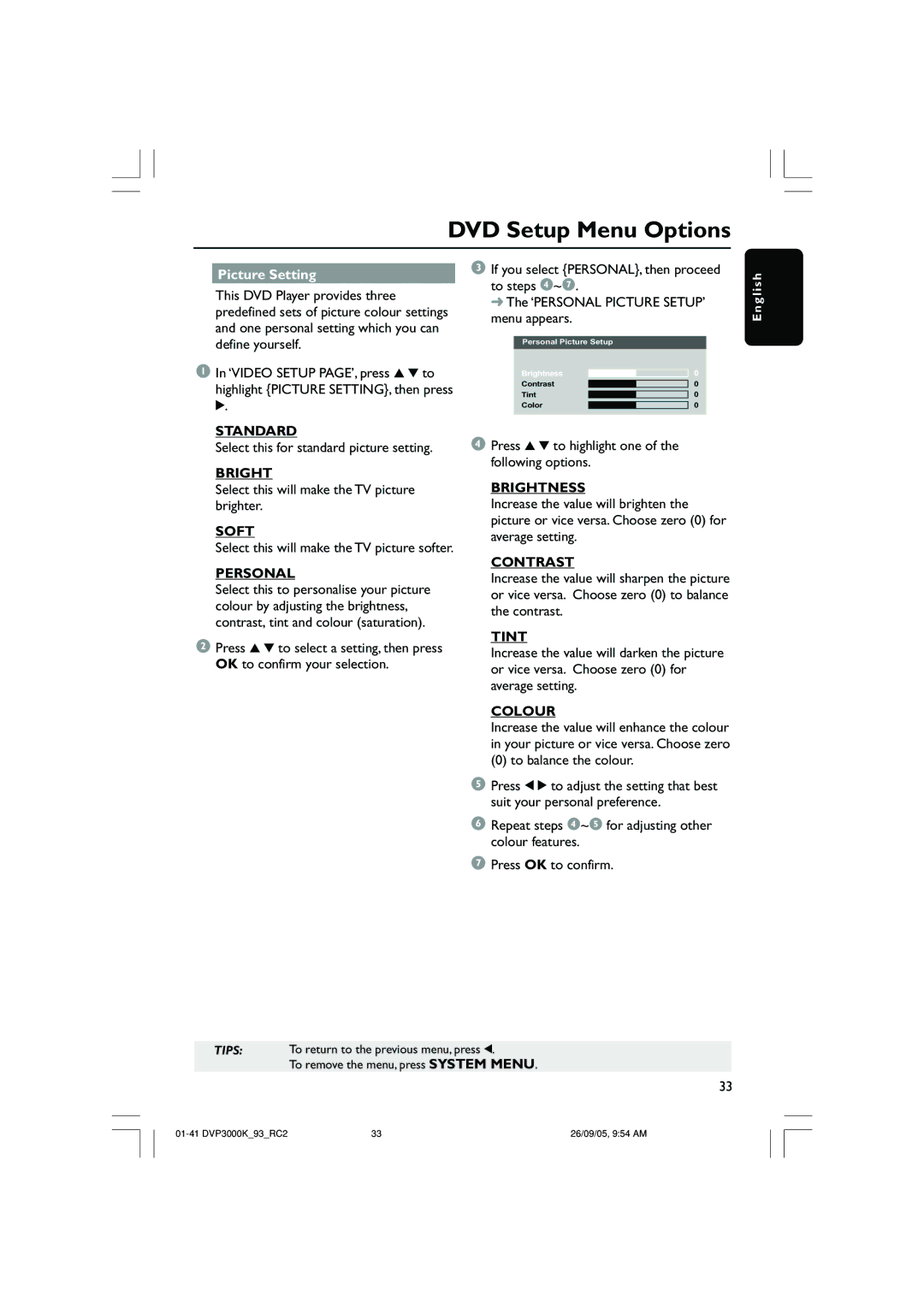 Philips DVP3000K/93 user manual Standard, Soft, Personal, Brightness, Contrast, Tint, Colour 