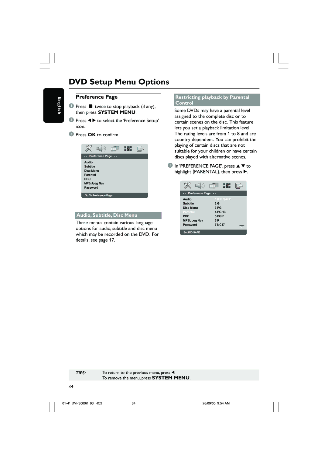 Philips DVP3000K/93 user manual Preference, Audio, Subtitle, Disc Menu, Restricting playback by Parental Control 