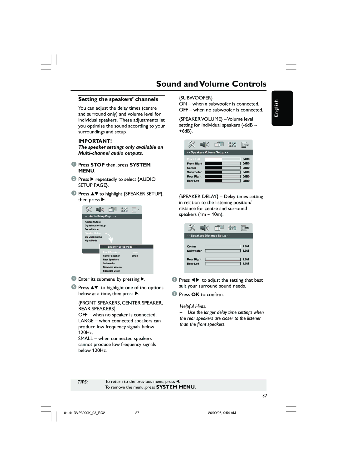 Philips DVP3000K/93 user manual Sound and Volume Controls, Setting the speakers’ channels 