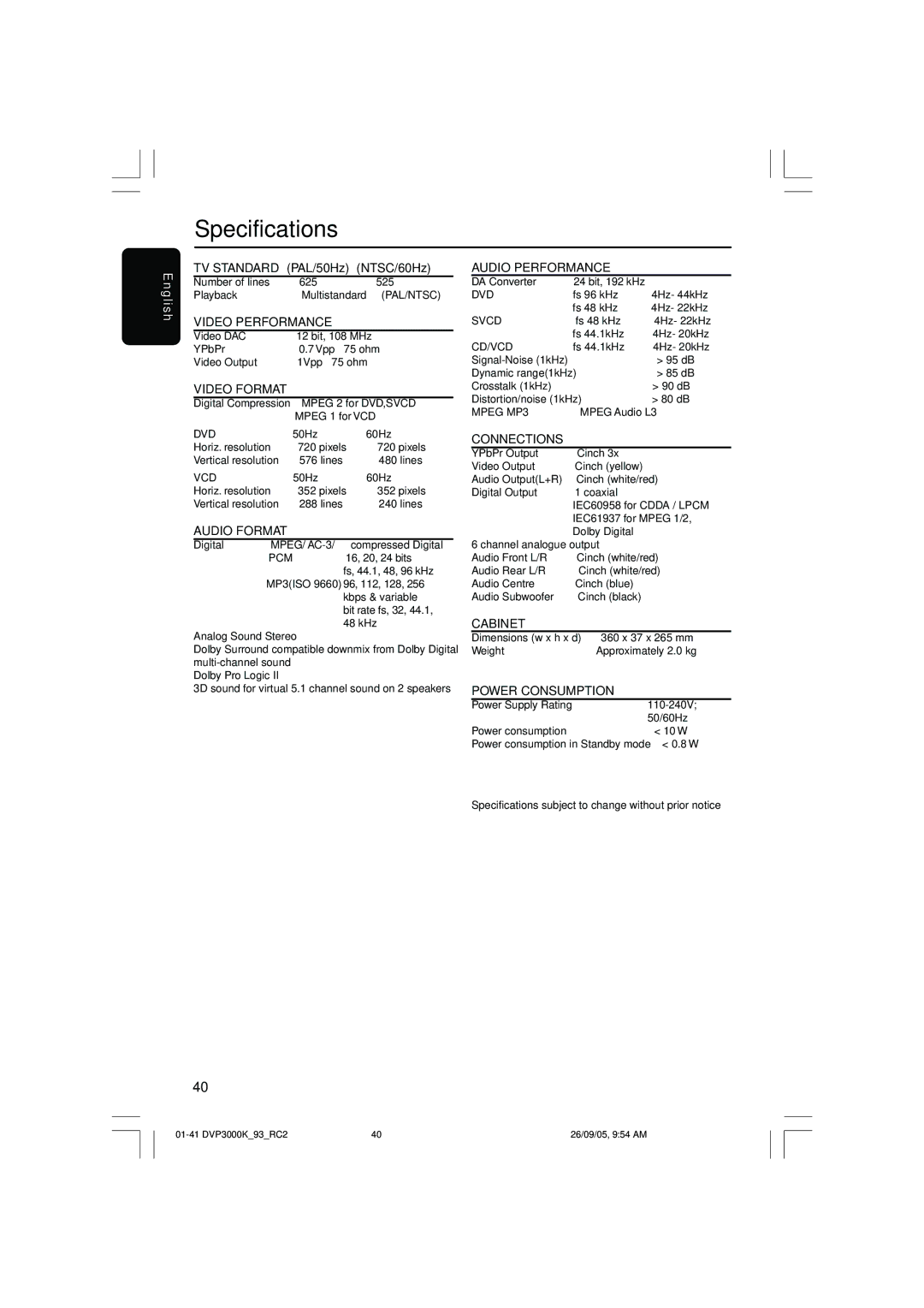 Philips DVP3000K/93 user manual Specifications, Video Format 