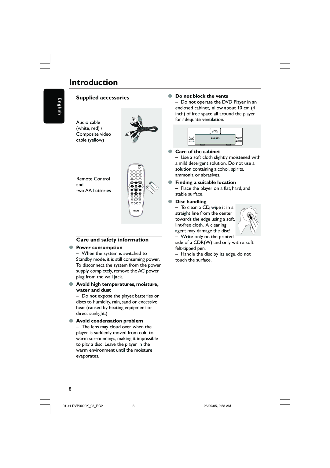 Philips DVP3000K/93 user manual Introduction, Supplied accessories, Care and safety information 