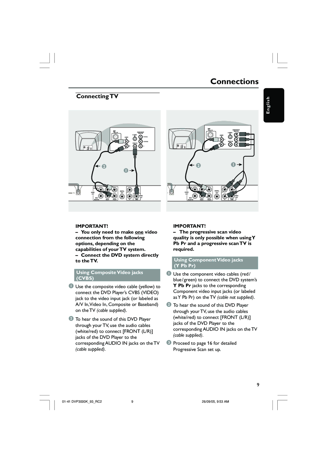 Philips DVP3000K/93 user manual Connections, Using Composite Video jacks Cvbs, Using Component Video jacks Y Pb Pr 