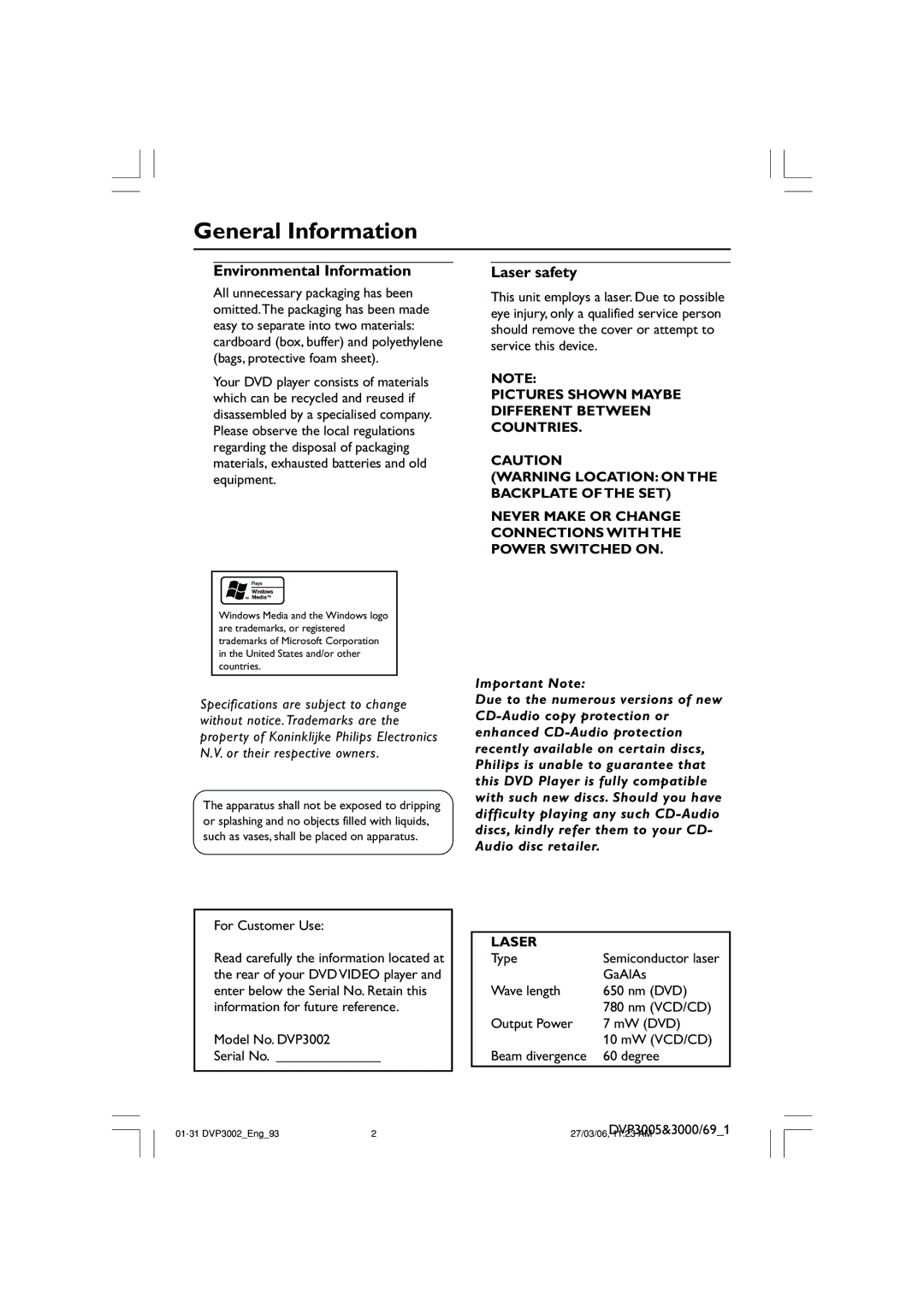 Philips DVP3002/93 user manual General Information, Environmental Information, Laser safety 