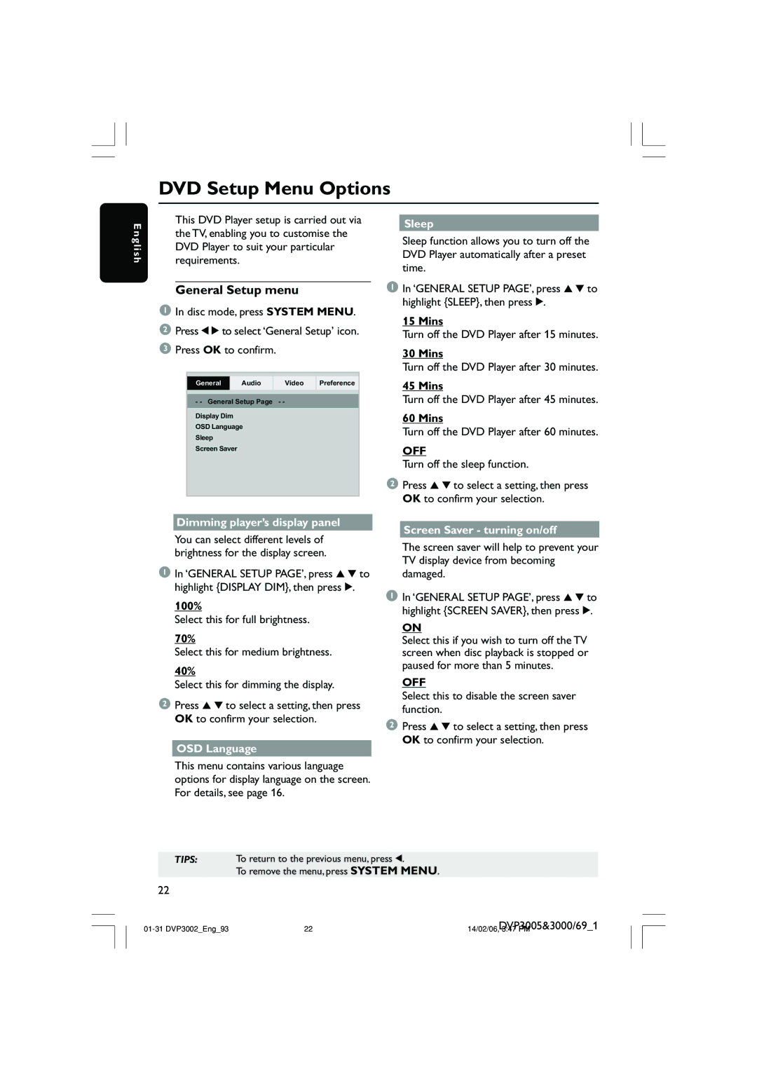 Philips DVP3002/93 user manual DVD Setup Menu Options, General Setup menu, Off 