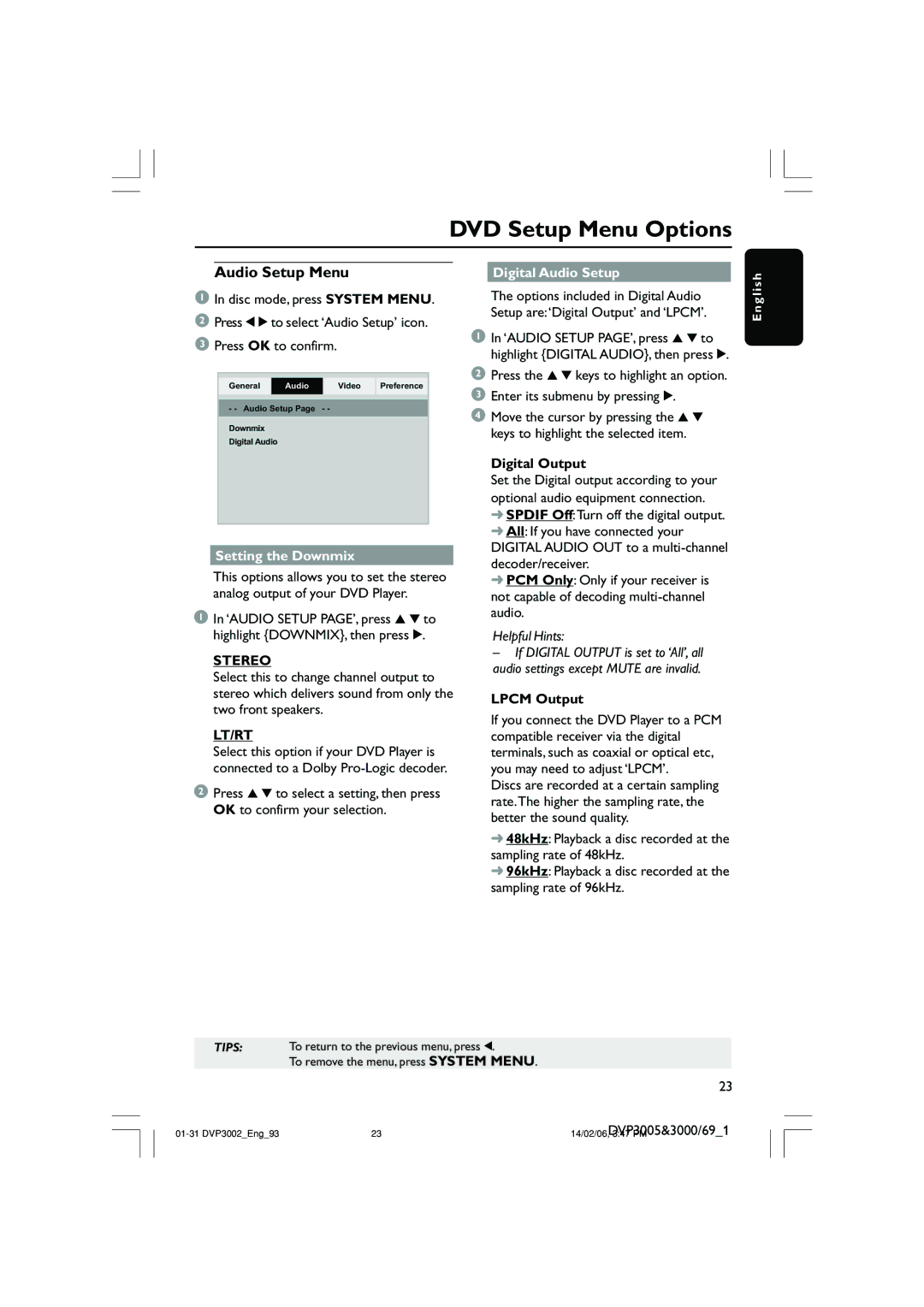 Philips DVP3002/93 user manual Audio Setup Menu, Setting the Downmix, Stereo, Lt/Rt, Digital Audio Setup 