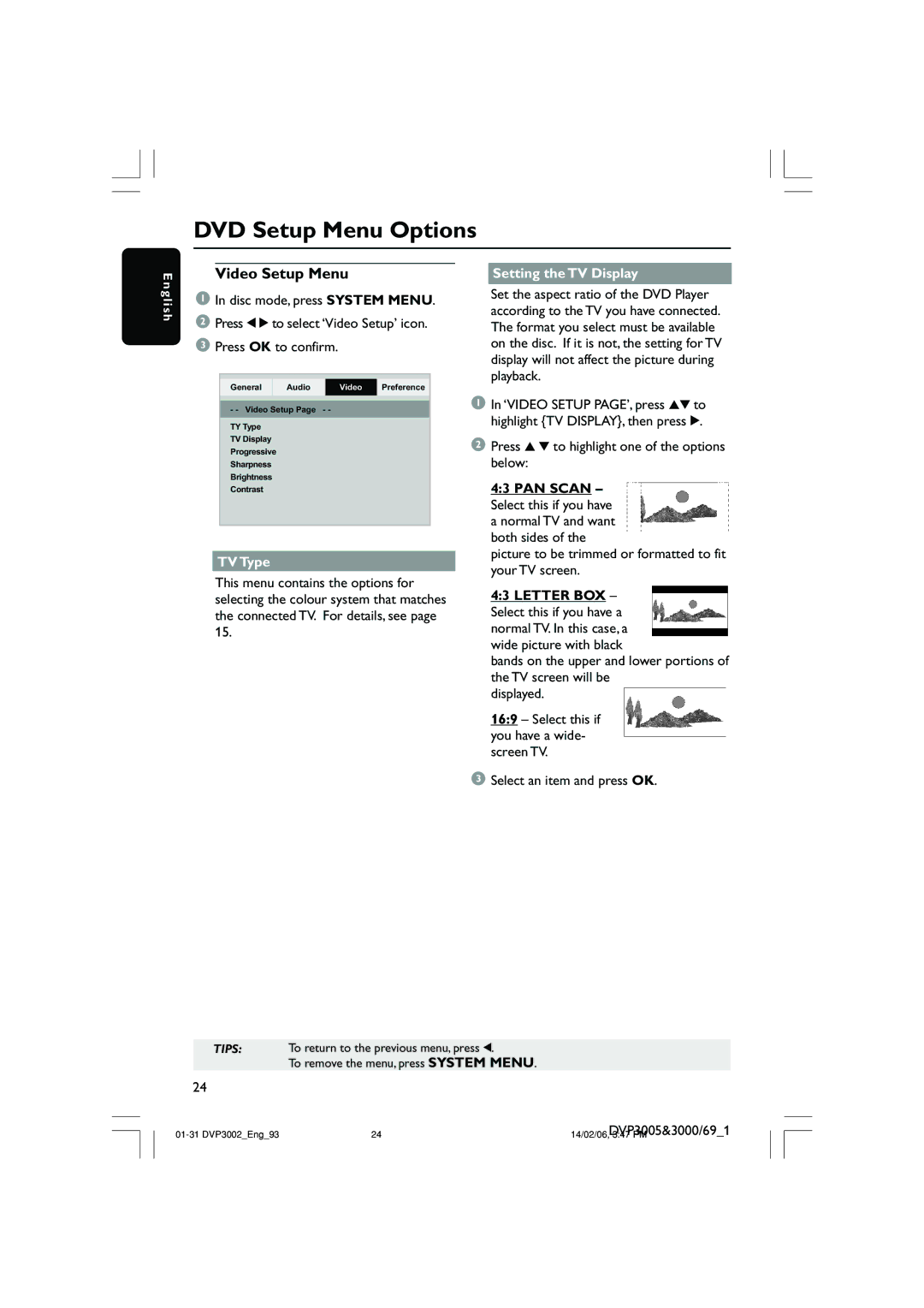 Philips DVP3002/93 user manual Video Setup Menu, TV Type, Setting the TV Display 