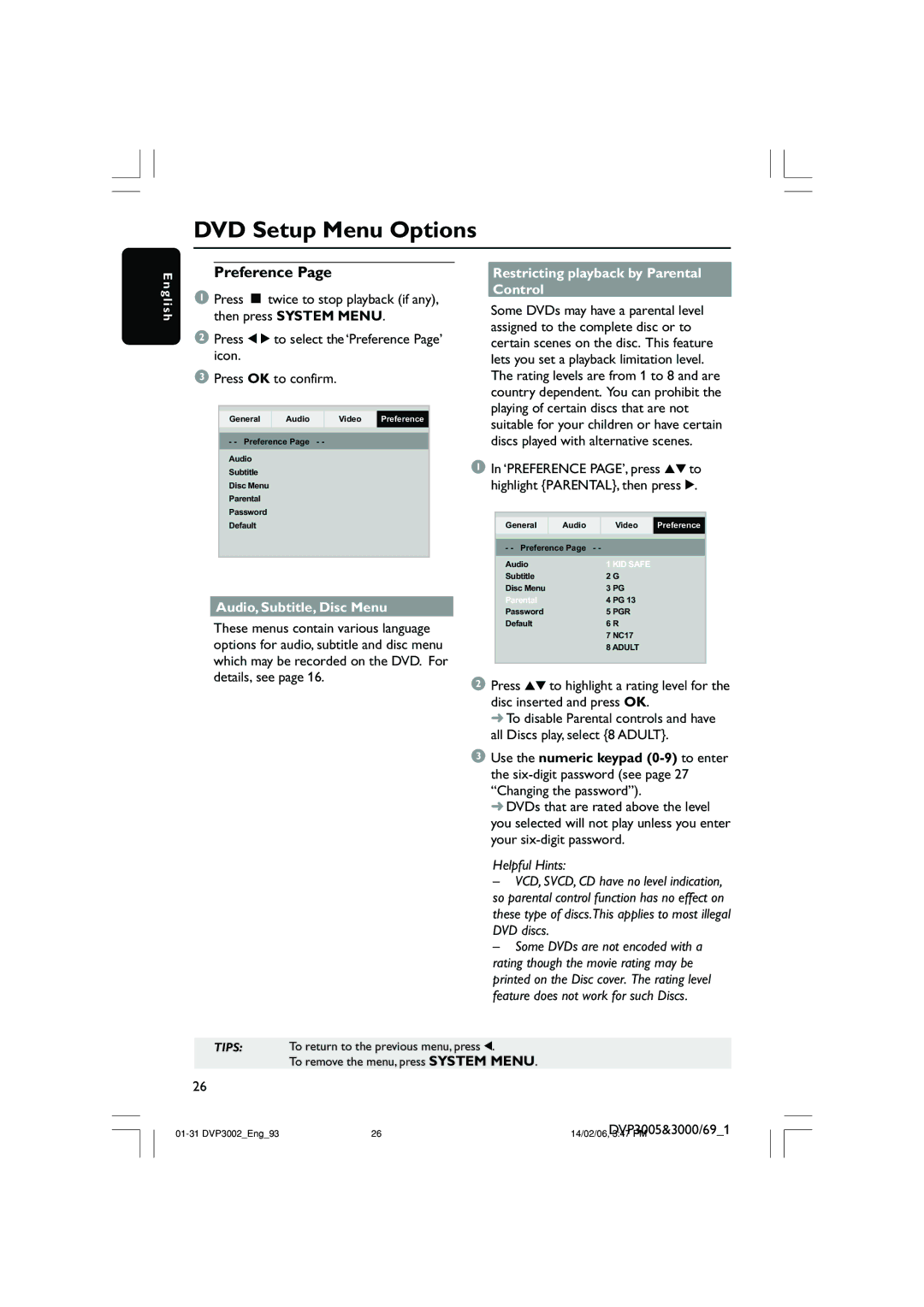 Philips DVP3002/93 user manual Preference, Audio, Subtitle, Disc Menu, Restricting playback by Parental Control 