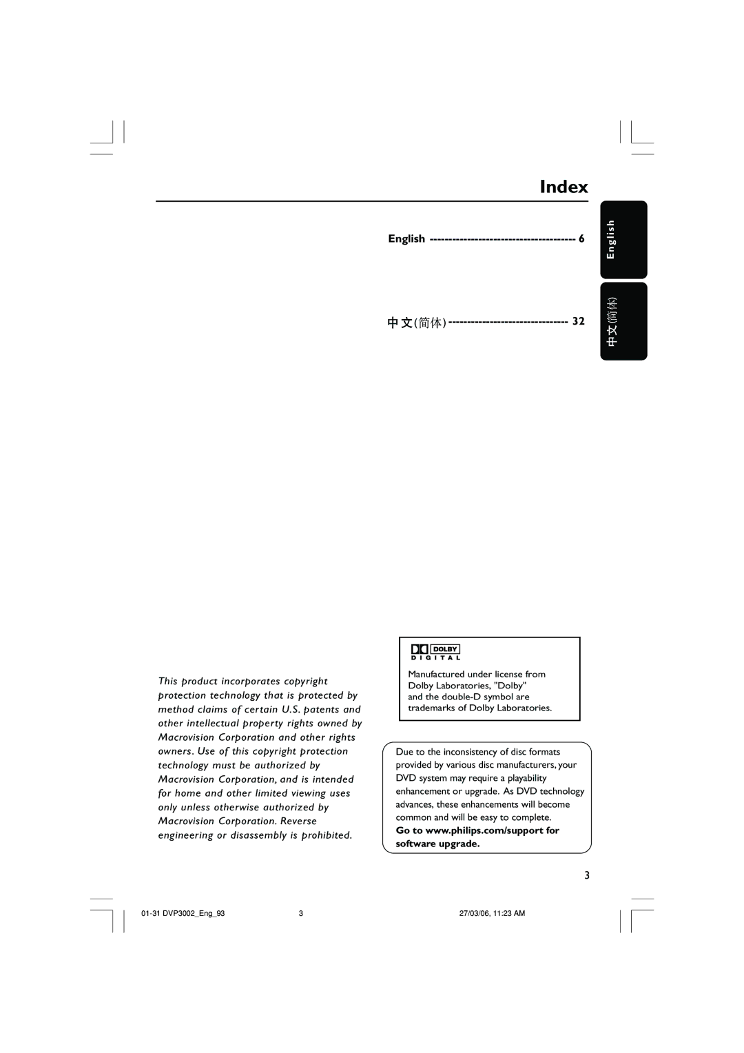 Philips DVP3002/93 user manual Index, English 