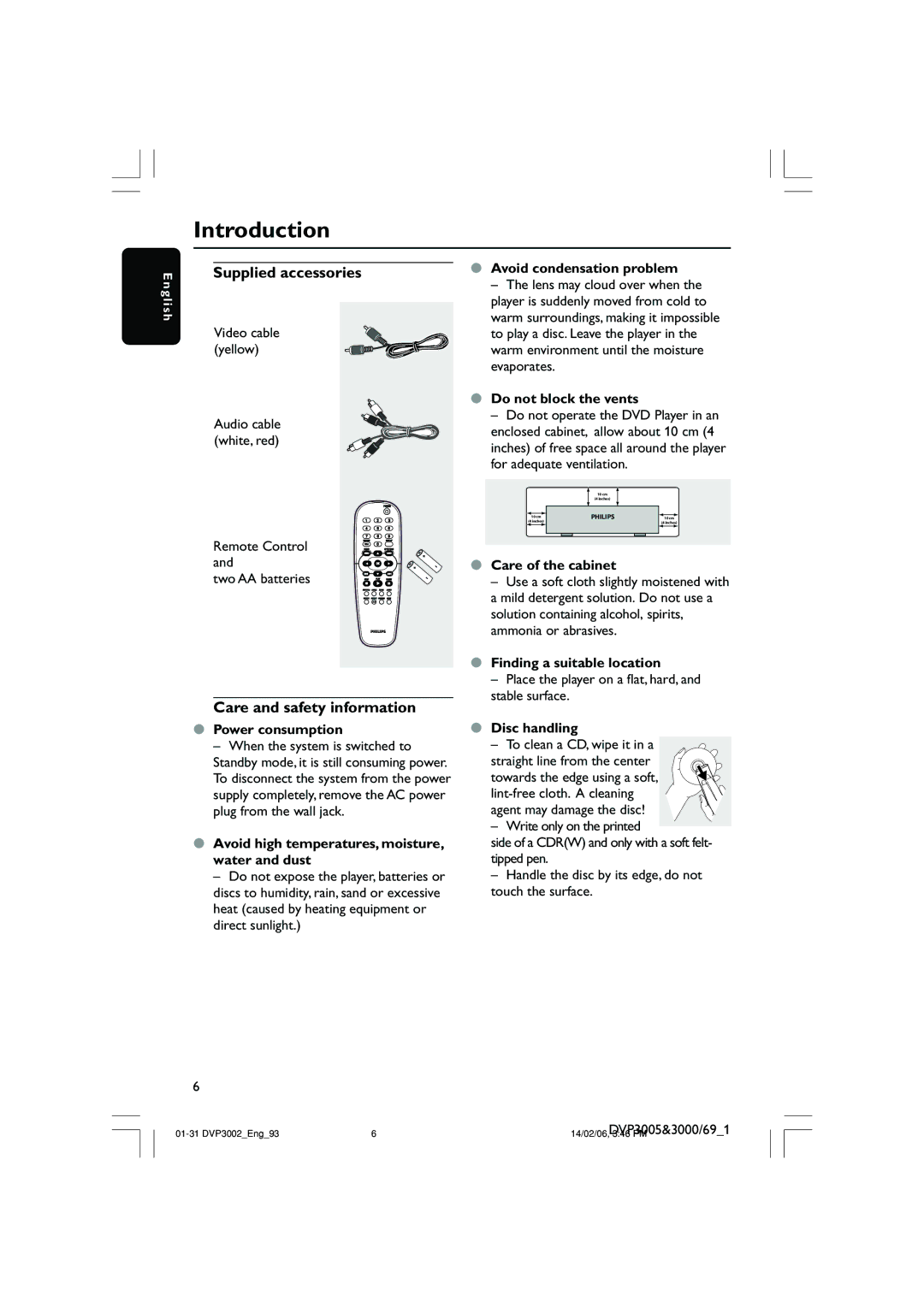 Philips DVP3002/93 user manual Introduction, Supplied accessories, Care and safety information 