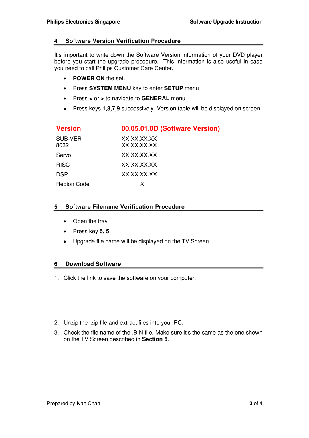 Philips DVP3005/00 Software Version Verification Procedure, Power on the set, Software Filename Verification Procedure 