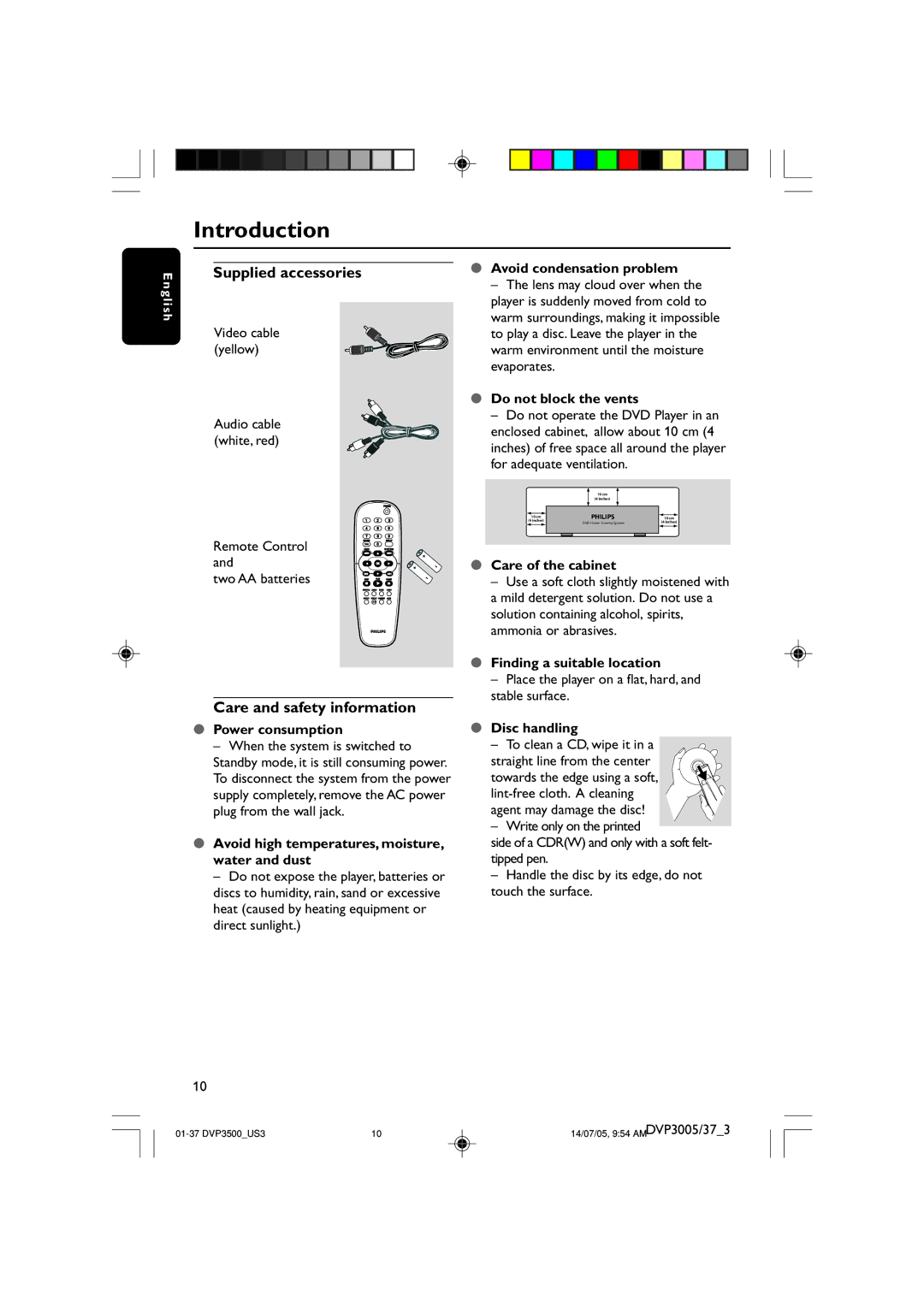 Philips DVP3005/37 user manual Introduction, Supplied accessories, Care and safety information 