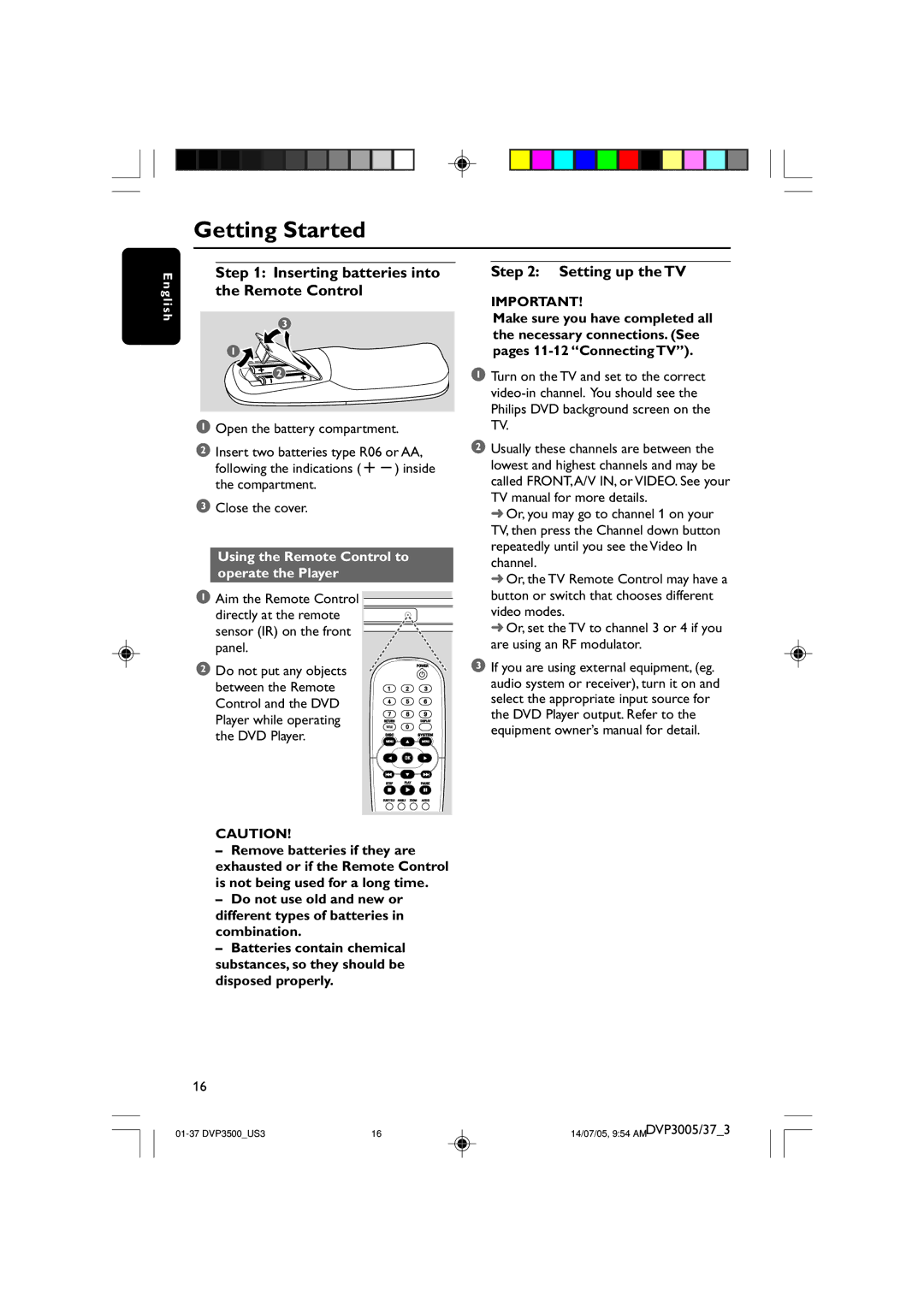 Philips DVP3005/37 user manual Getting Started, Inserting batteries into the Remote Control, Setting up the TV 