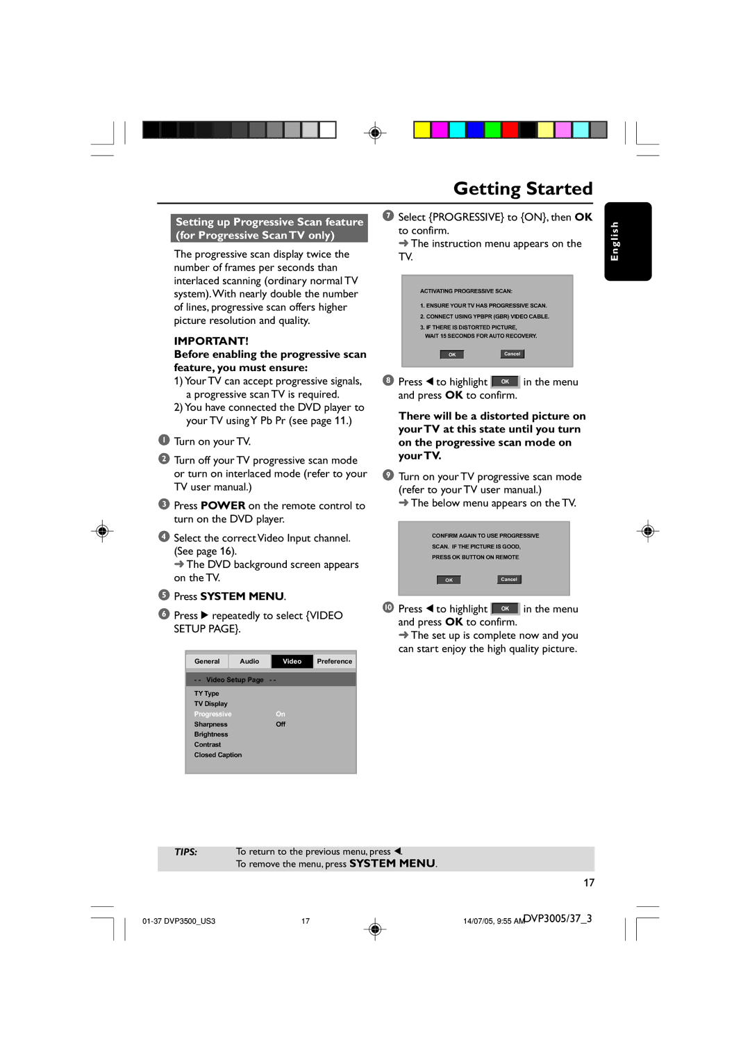 Philips DVP3005/37 user manual Press System Menu, Press 2 repeatedly to select Video Setup, Below menu appears on the TV 