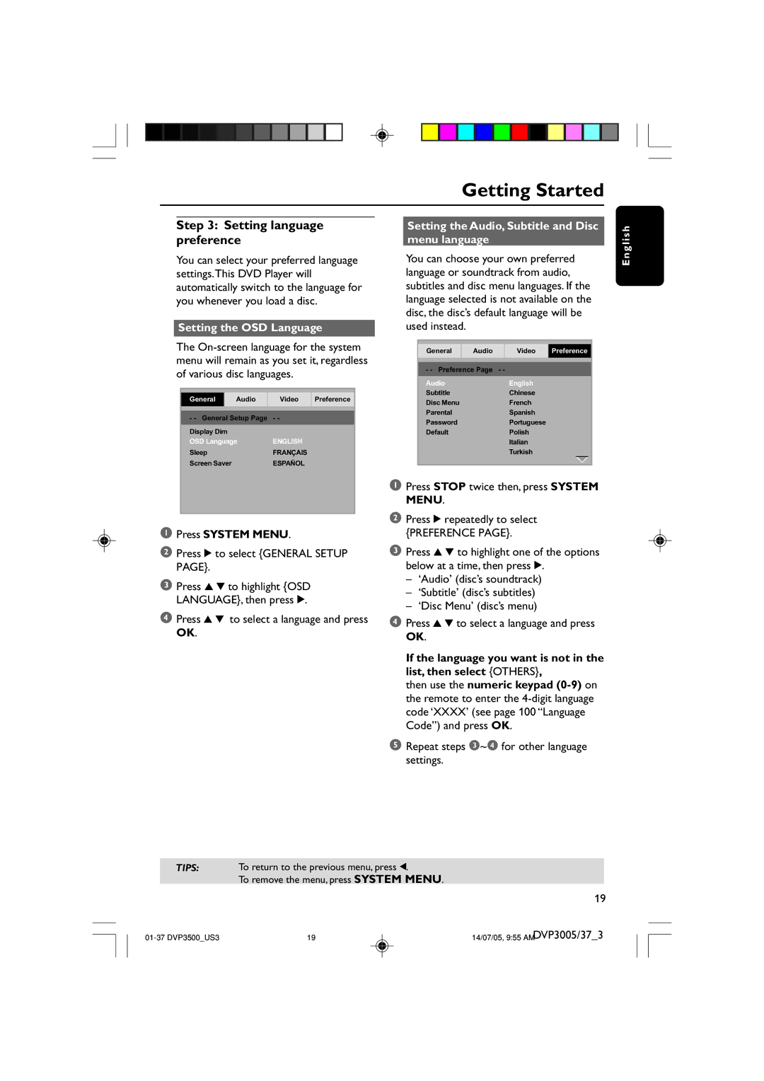 Philips DVP3005/37 user manual Setting language preference, Setting the OSD Language 