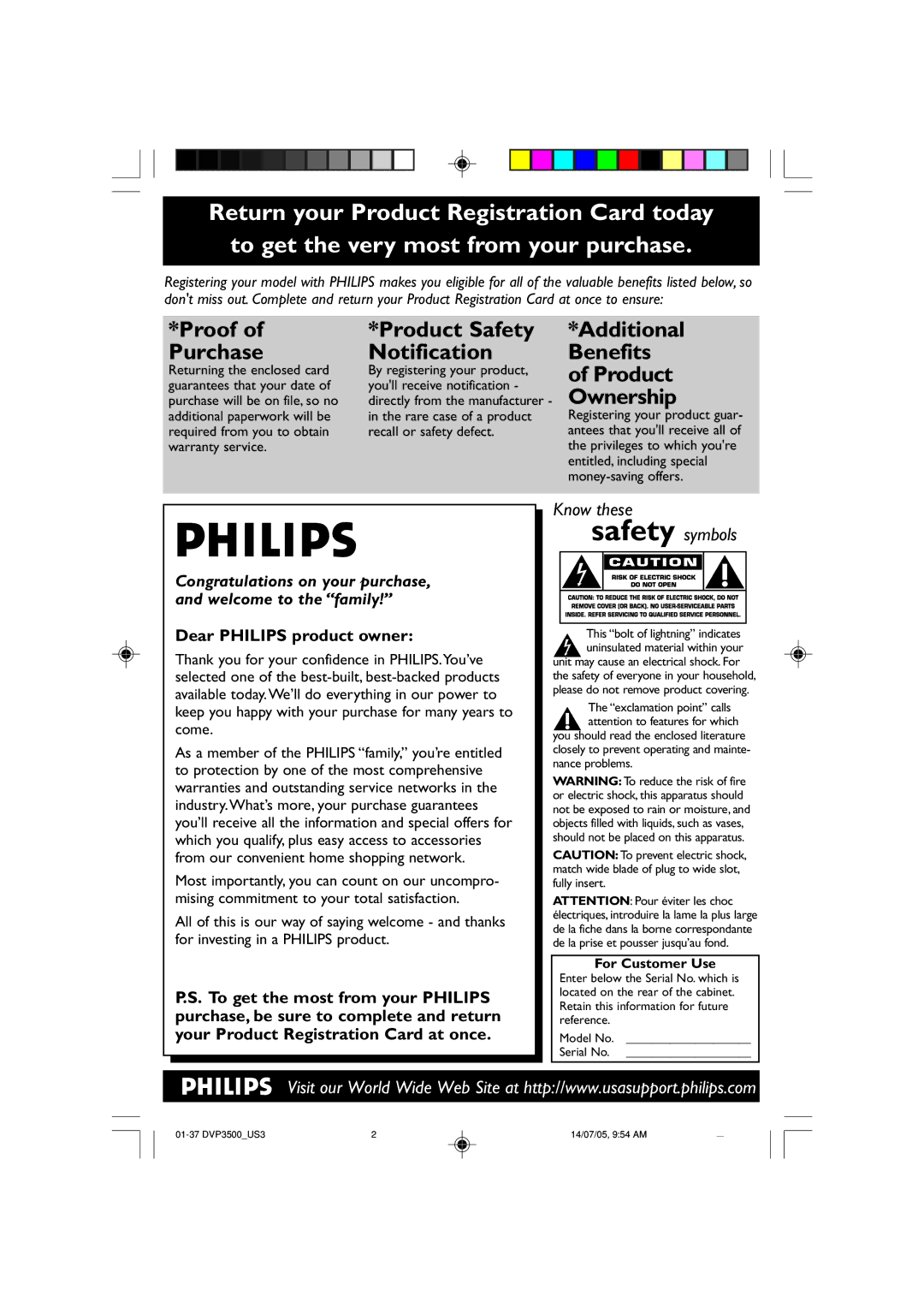 Philips DVP3005/37 user manual Returning the enclosed card By registering your product, For Customer Use 