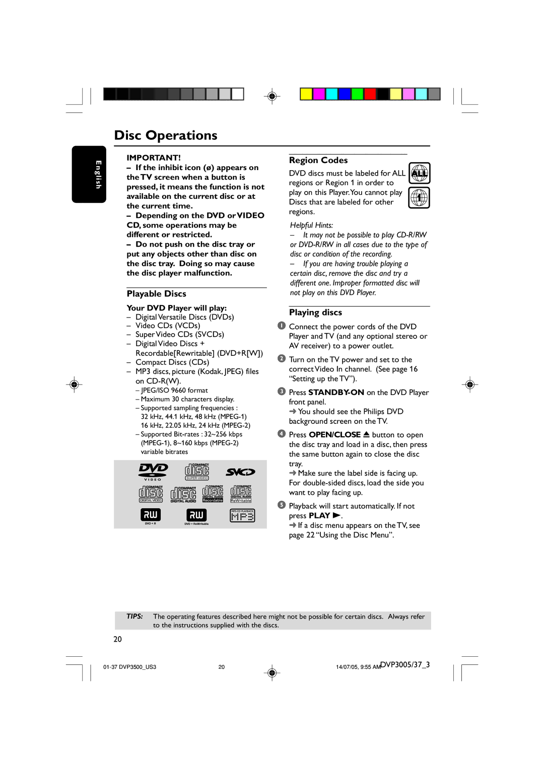 Philips DVP3005/37 user manual Disc Operations, Playable Discs, Region Codes, Playing discs, Your DVD Player will play 