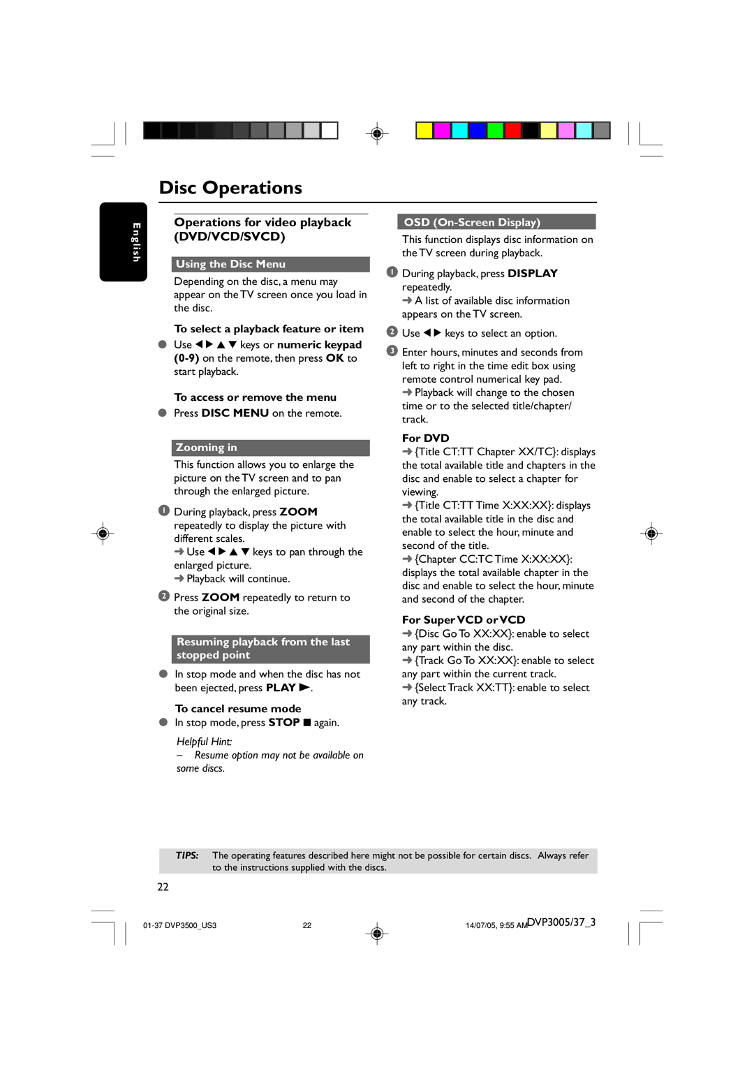 Philips DVP3005/37 Operations for video playback DVD/VCD/SVCD, Using the Disc Menu, Zooming, OSD On-Screen Display 