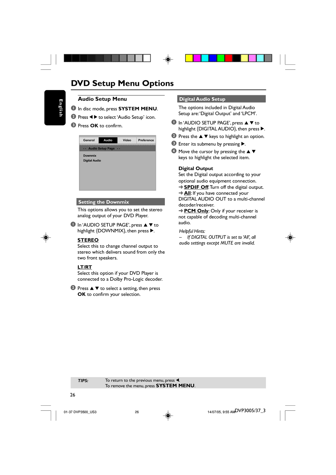 Philips DVP3005/37 user manual Audio Setup Menu, Setting the Downmix, Stereo, Lt/Rt, Digital Audio Setup 