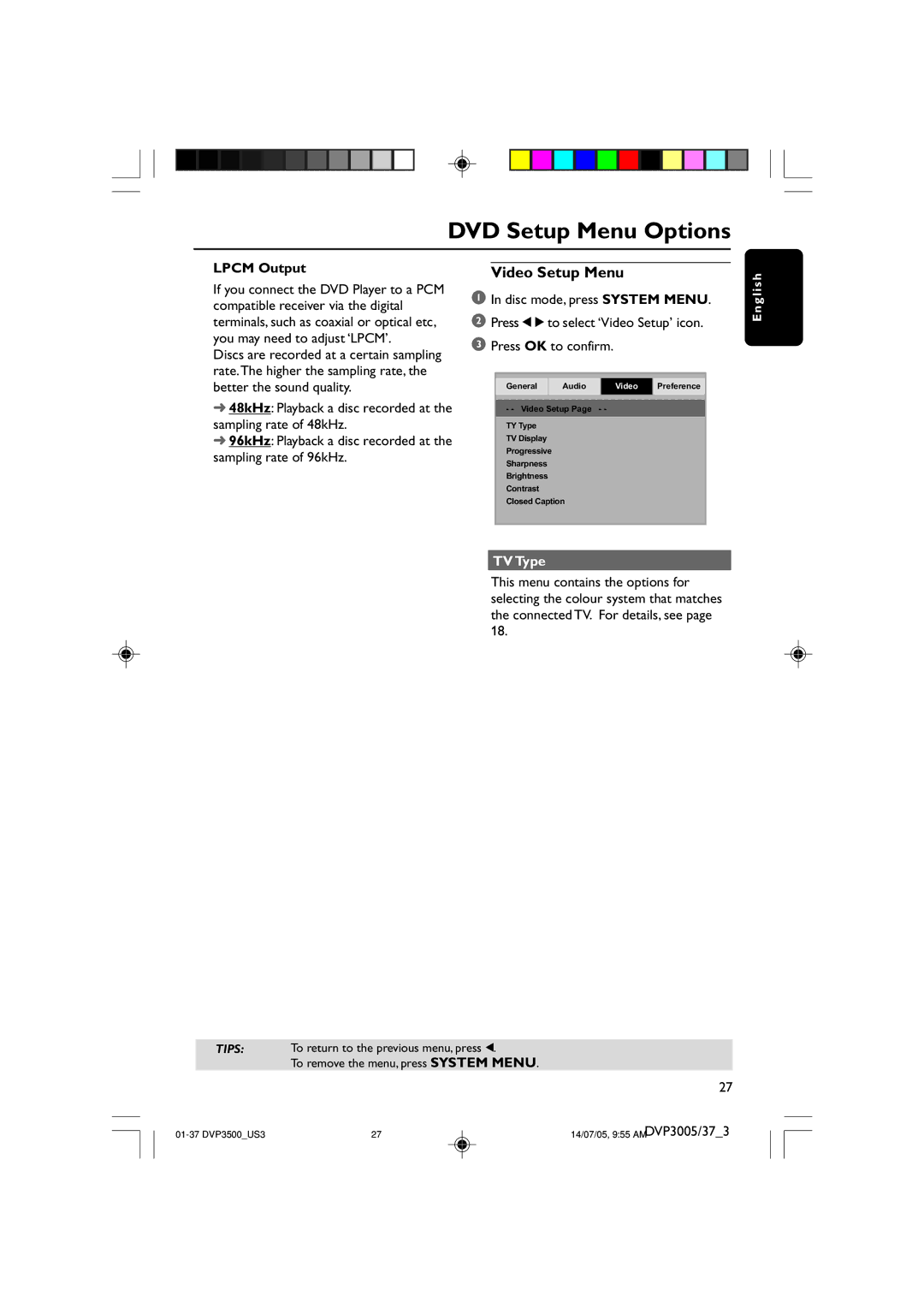 Philips DVP3005/37 user manual Video Setup Menu, Lpcm Output, TV Type 