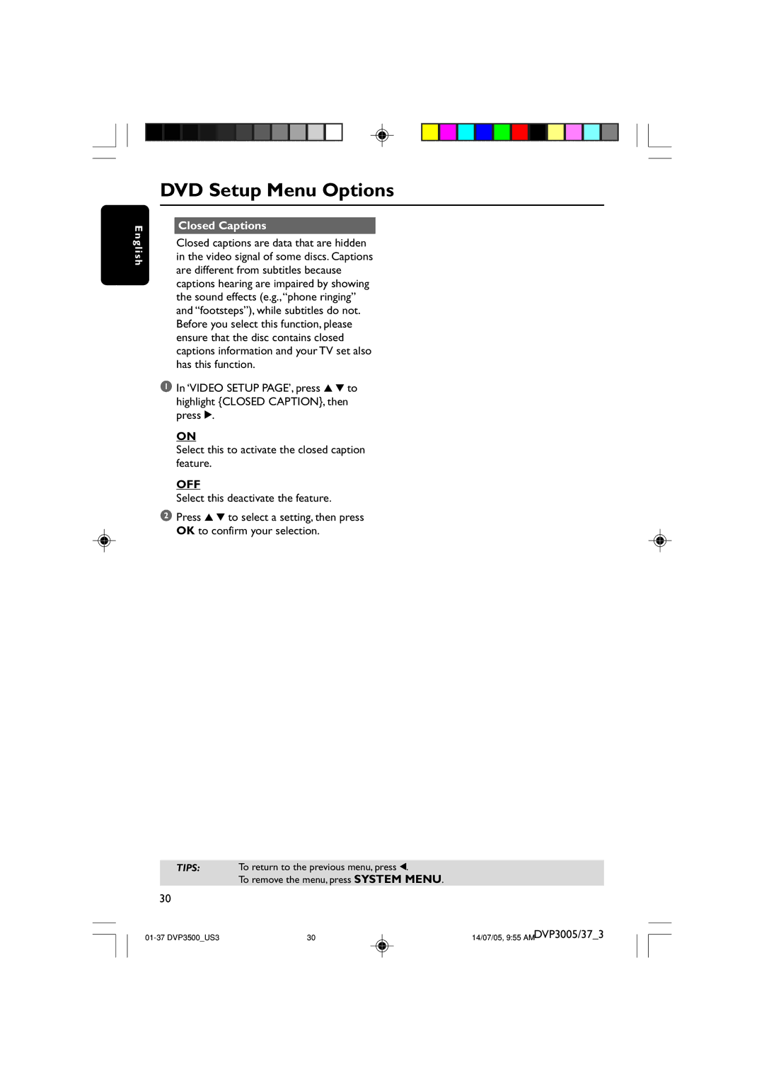 Philips DVP3005/37 user manual Closed Captions 