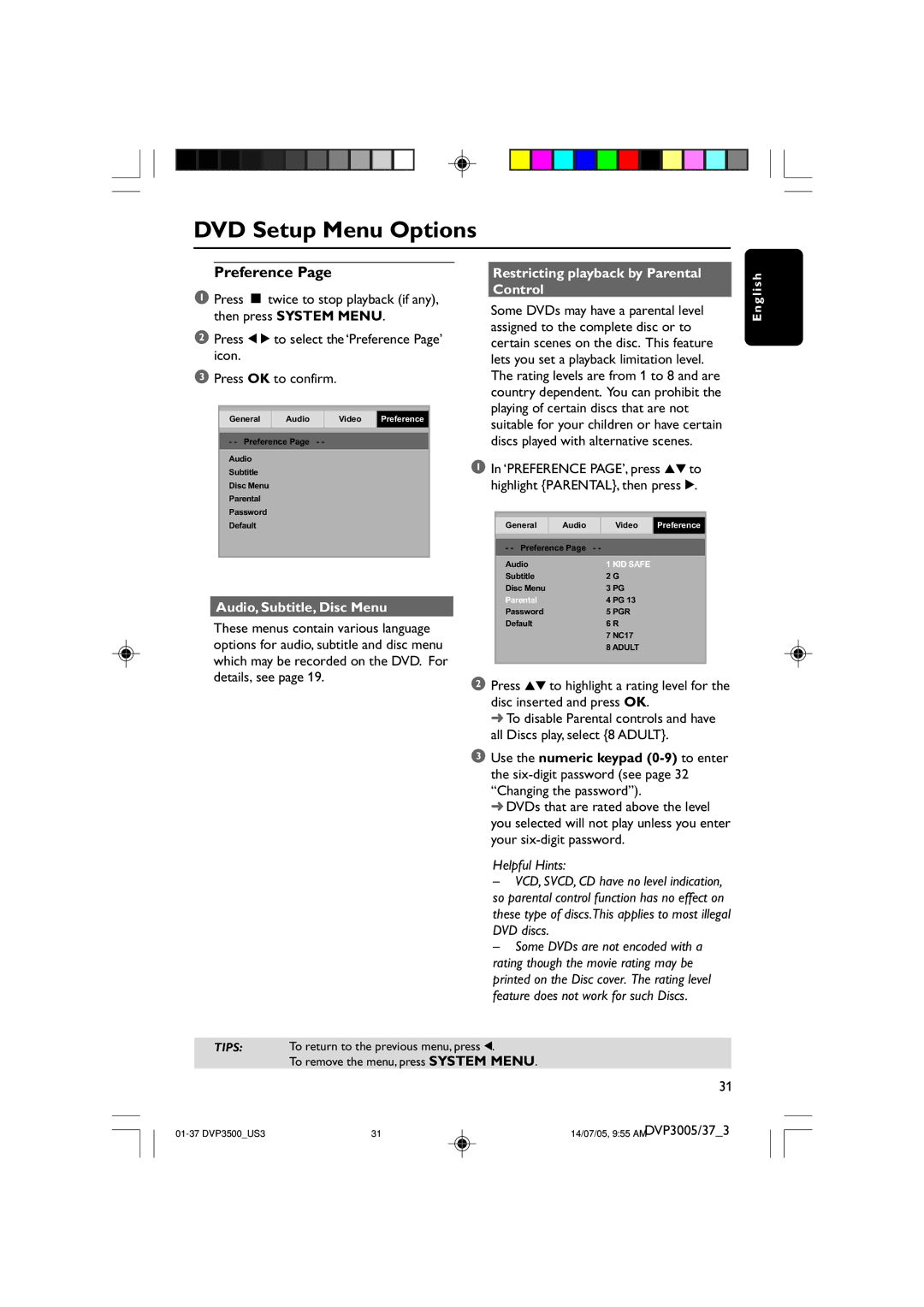 Philips DVP3005/37 user manual Preference, Audio, Subtitle, Disc Menu, Restricting playback by Parental Control 